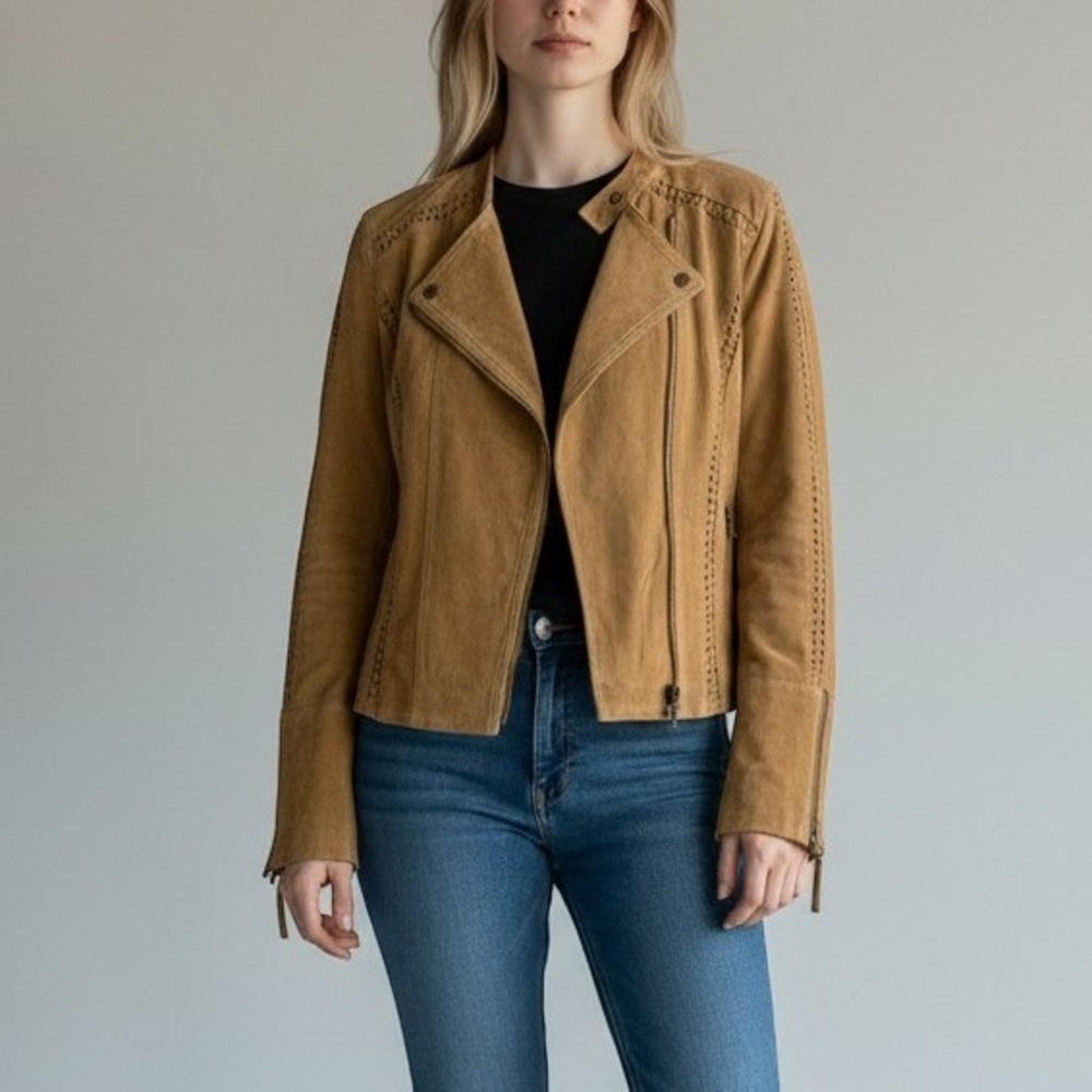 Ookie & Lala Tan Suede Moto Jacket Whipstitch Detail Asymmetrical Zip Size M